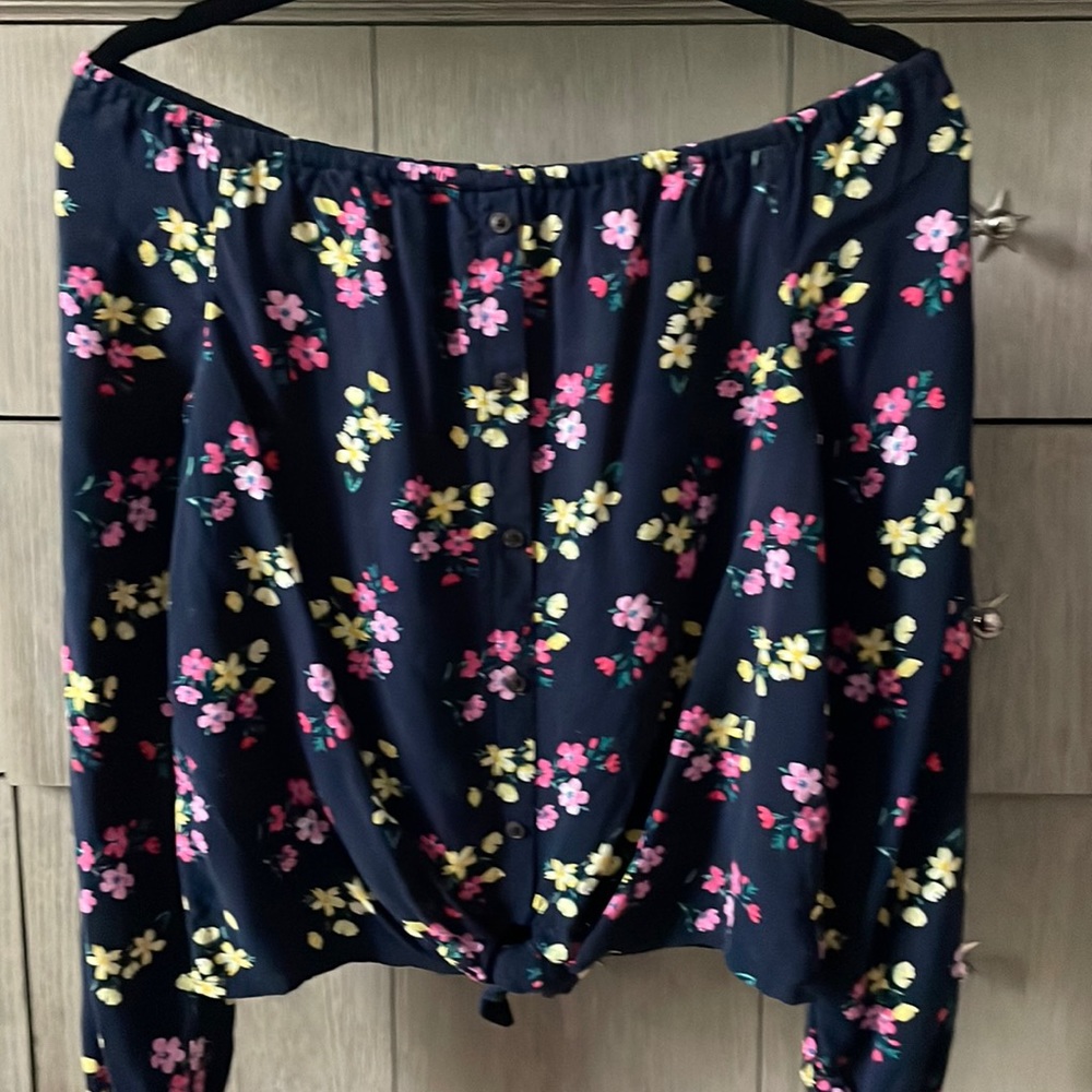 Faux button down Navy and flowered long sleeve shirt with elastic shoulder